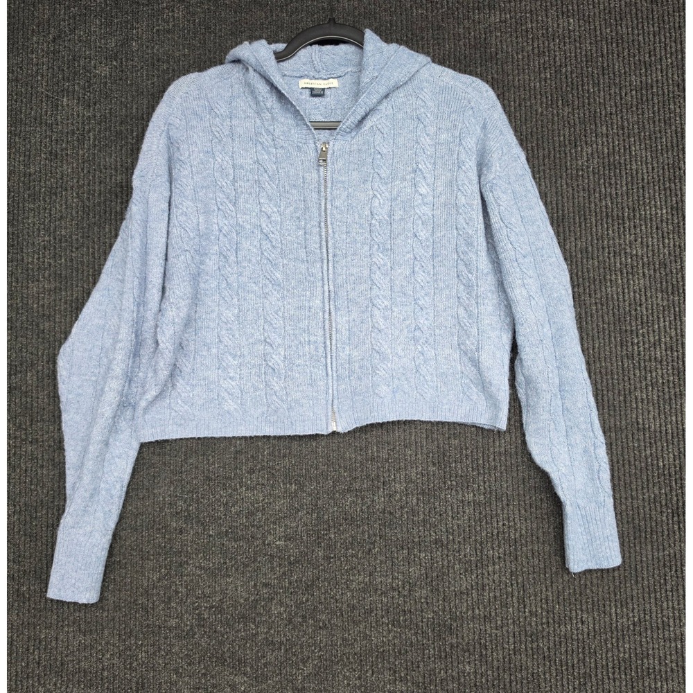 American Eagle Women Blue Cable Knit Zip Up Cropped Hoodie Sweater Small
